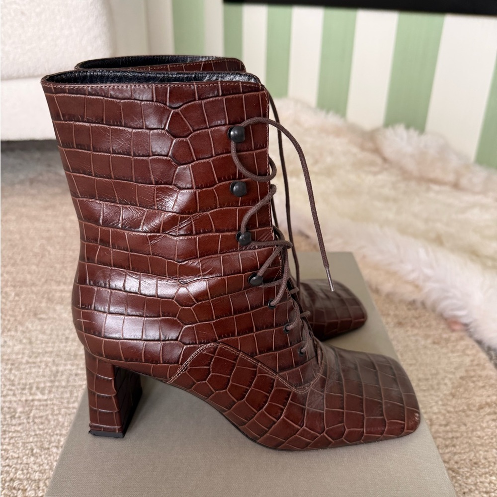 BY FAR Dark Brown Croc-Embossed leather Ankle Boots lace up boots size 10